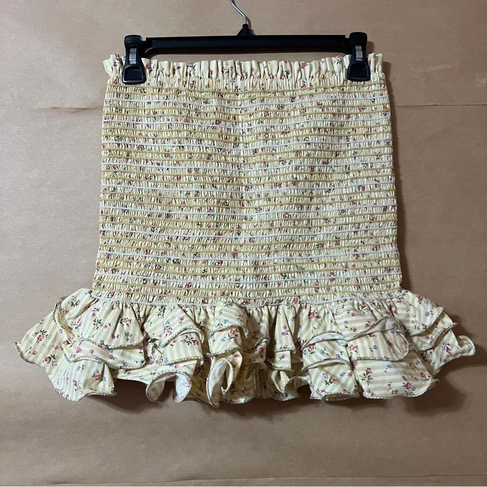 Petersyn Barrett Skirt Smocked Ruffle Mini Skirt Floral Buttermilk Yellow Size M